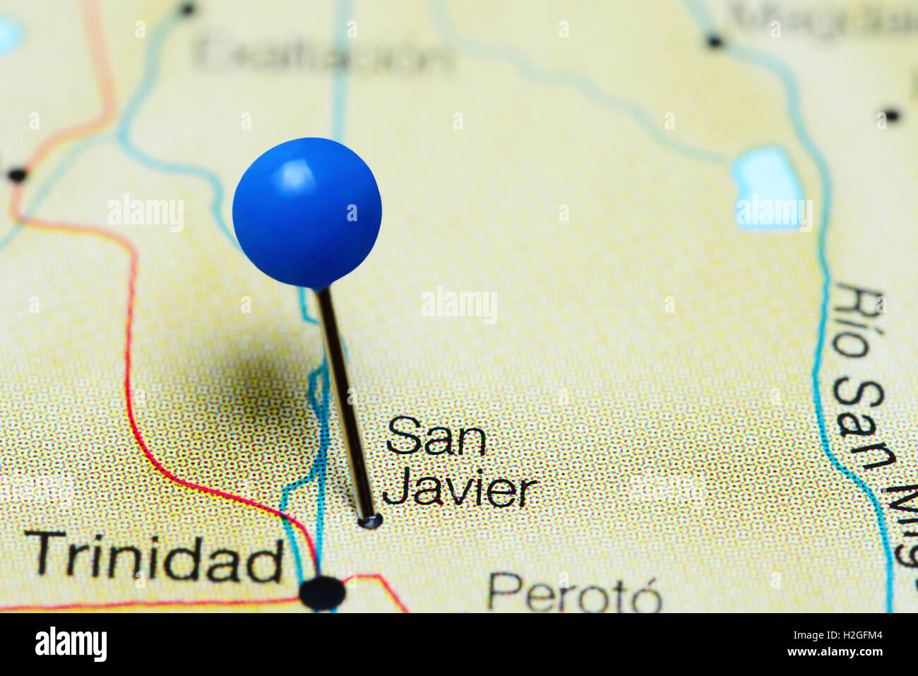 San Javier pinned on a map of Bolivia Stock Photo