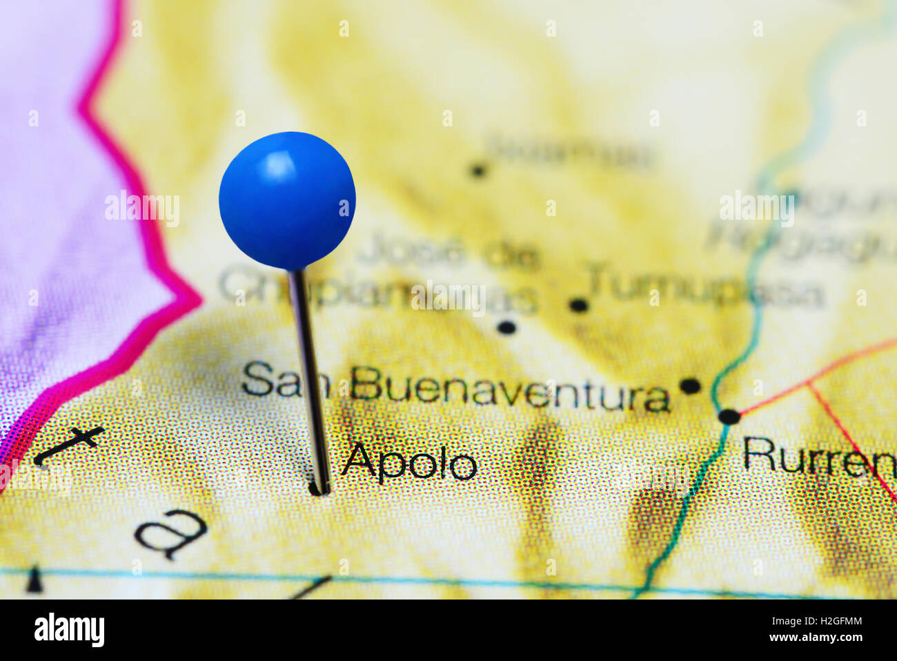 Apolo pinned on a map of Bolivia Stock Photo
