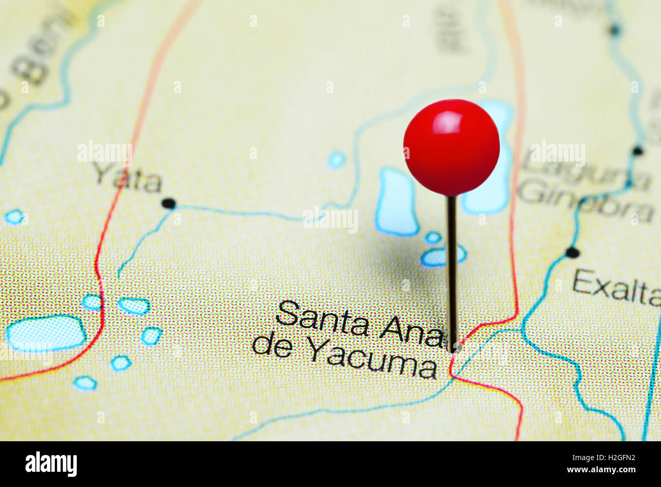 Santa Ana de Yacuma pinned on a map of Bolivia Stock Photo