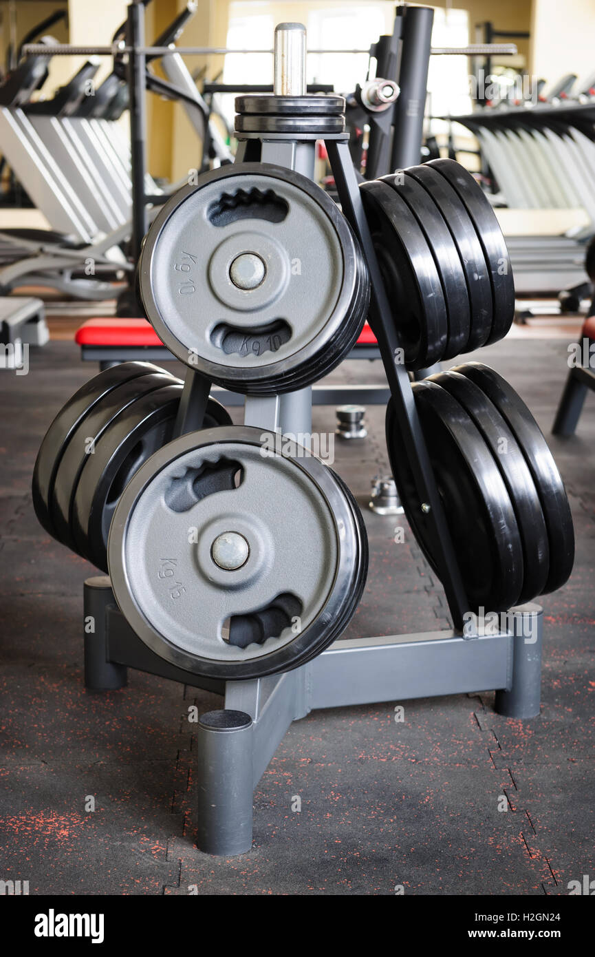 Barbell plates rack Stock Photo Alamy