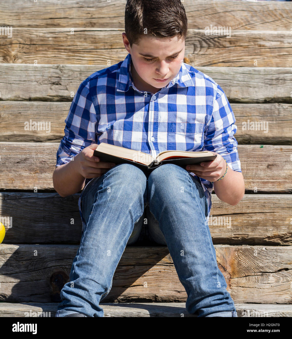 Shallow Reading Young boy reading a book in the woods with shallow depth of fiel Stock ...