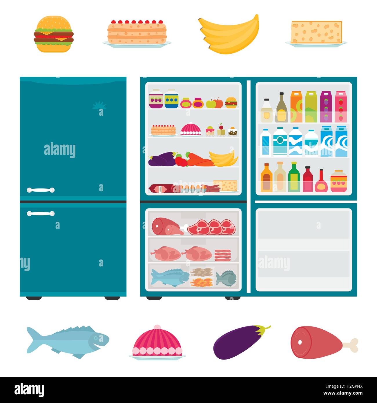 Illustration of closed and open refrigerator full of food in flat style.  Fridge with hamburger, drinks, vegetables, fruit, meat Stock Vector Image &  Art - Alamy