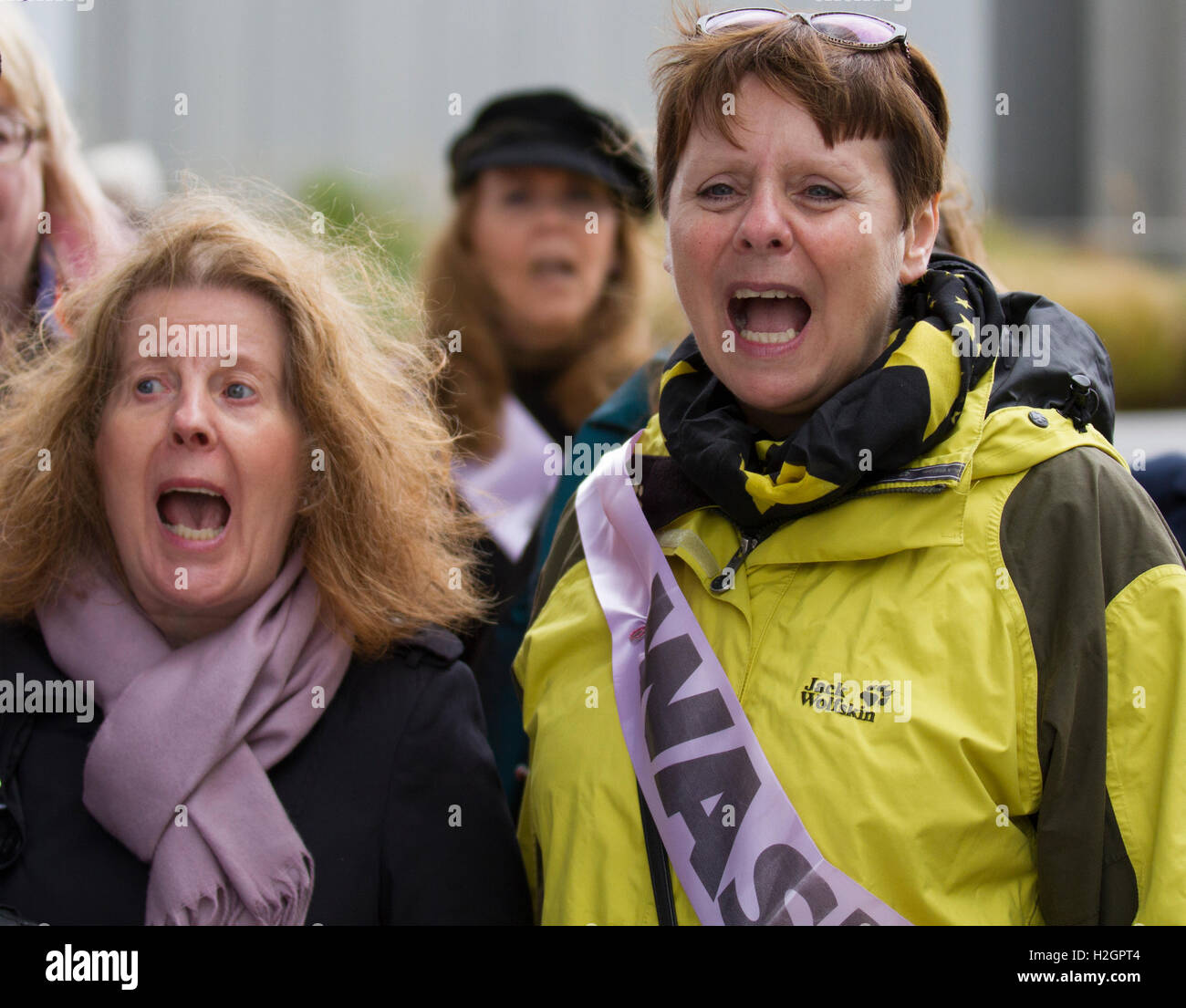 Waspi' female demonstrators at Labour Party Annual Conference. A group of women disadvantaged by changes to pension rights demonstrate outside the Liverpool Echo Arena. Waspi are a campaign group that fights against the injustice done to women born in the 1950s (on or after 6 April 1951) regarding the changes to their state pension age. Reports suggest there is “chink of light” for the “Waspi” (Women Against State Pension Inequality) Stock Photo