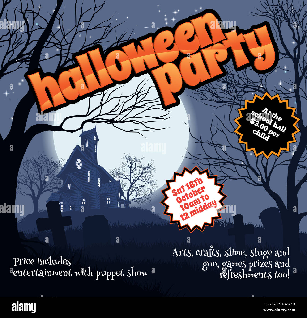 A Halloween party flyer leaflet with a spooky haunted house and graveyard Stock Photo
