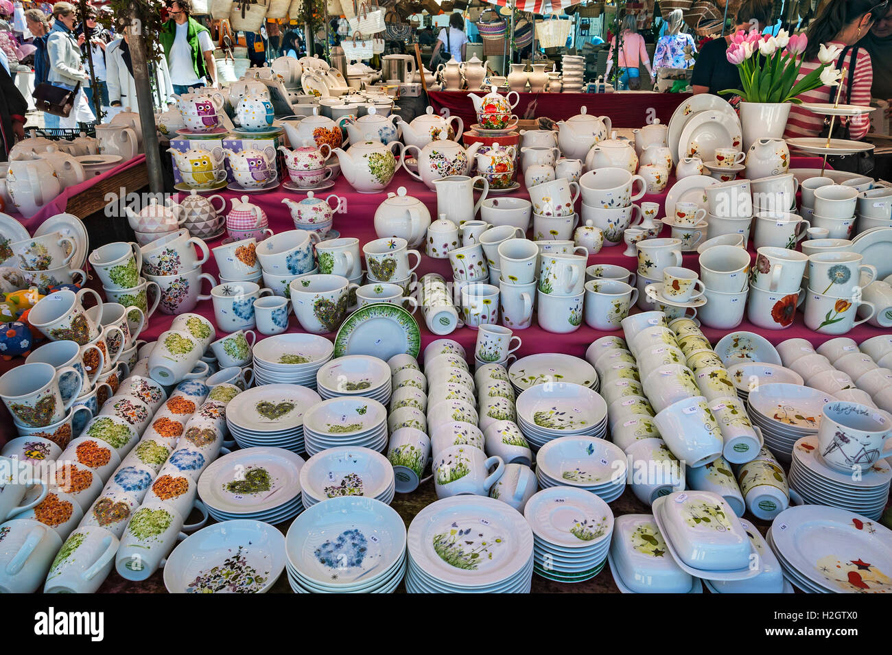 Stall with colorful crockery, Auer Dult, Munich, Bavaria, Germany Stock