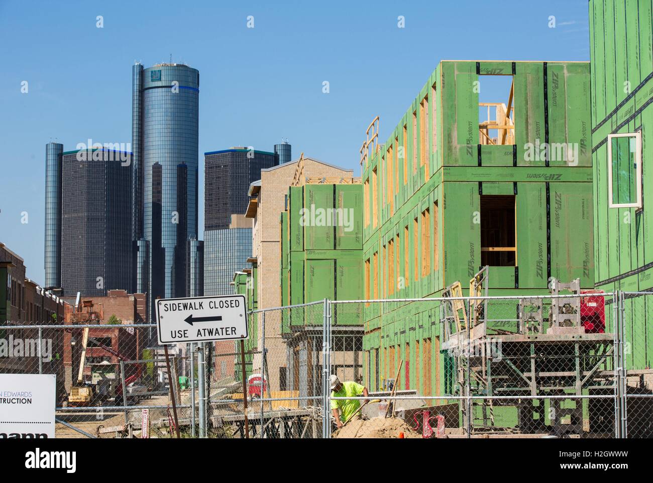 Major construction site 'Orleans Landing' apartments & townhouses of Detroit's Riverfront