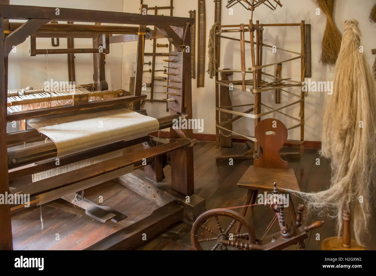 Historic Weaving Loom in Schloss Marksburg, Braubach, Germany Stock Photo