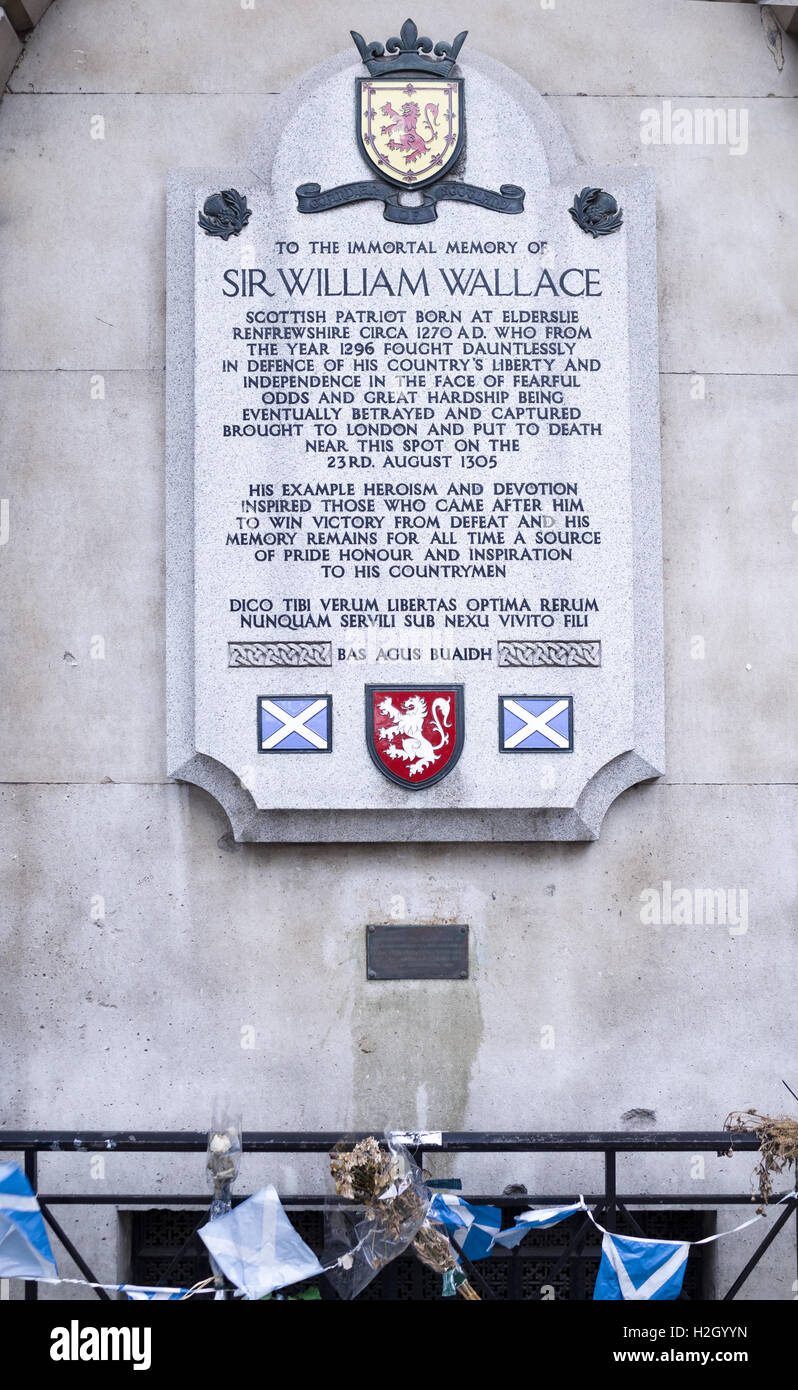 Memorial plaque to William Wallace at the spot in Smithfield, London, where he is thought to have been killed. Stock Photo