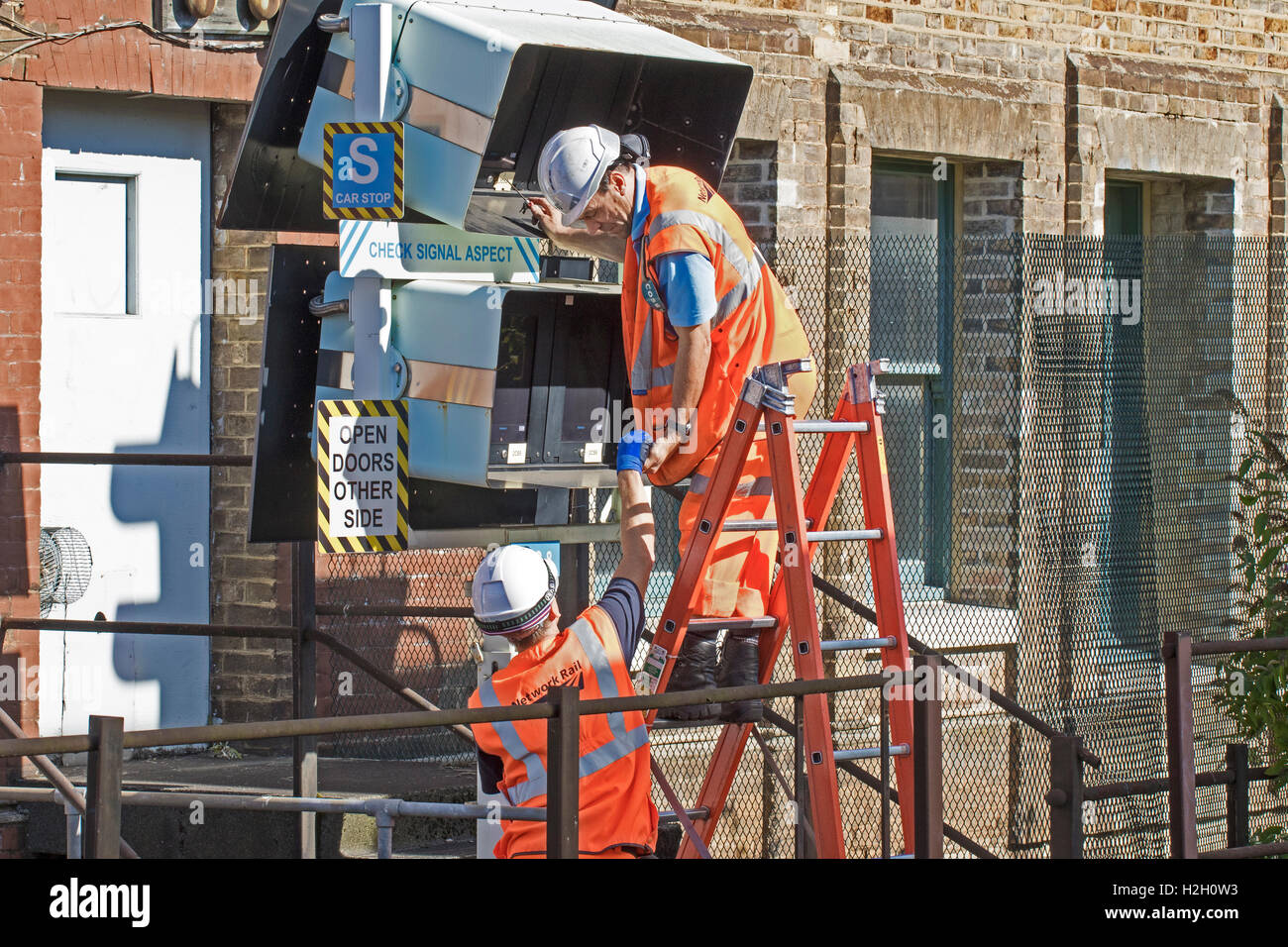 Network Rail engineers working on signalling equipment maintenance at