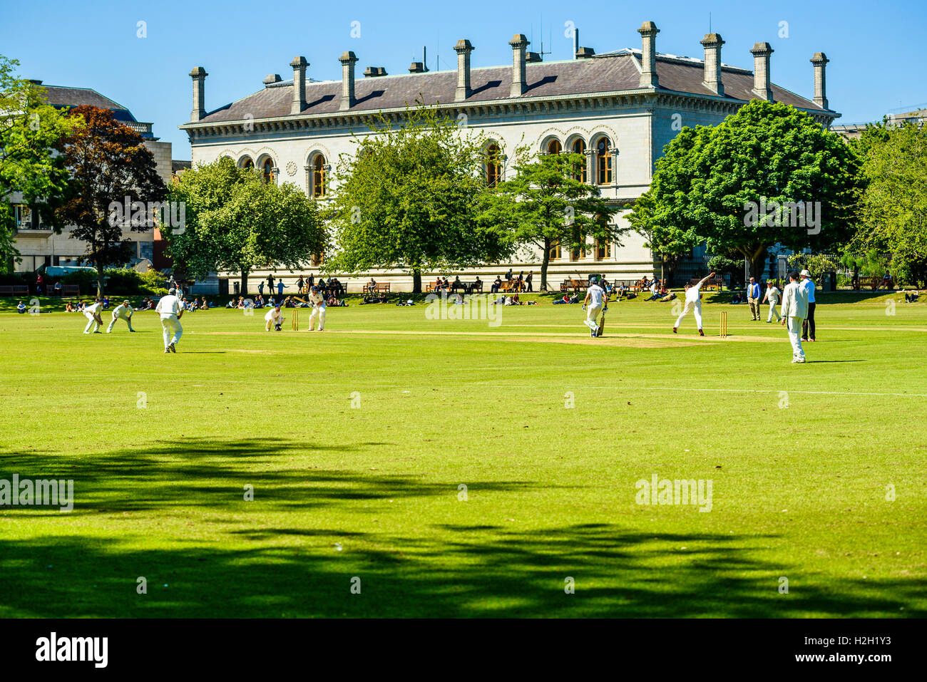 Cricket match on College Park, Trinity College, Dublin, Ireland Stock