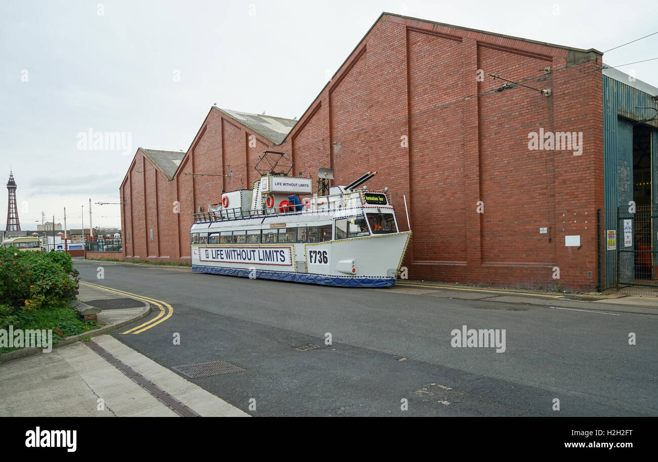 Blackpool 'Frigate' Illuminated Tram Parked in Blundell Street Outside Rigby Road Depot -1 Stock Photo