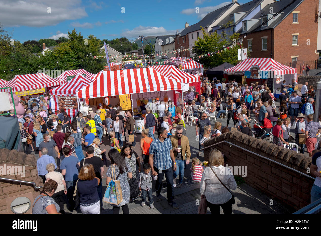 Visitors browsing outside food stalls, Abergavenny Food Festival