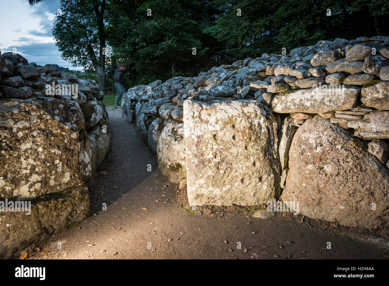 Cup marked stone within a Passage Grave at Clava Cairns near Inverness, Scotland, UK Stock Photo