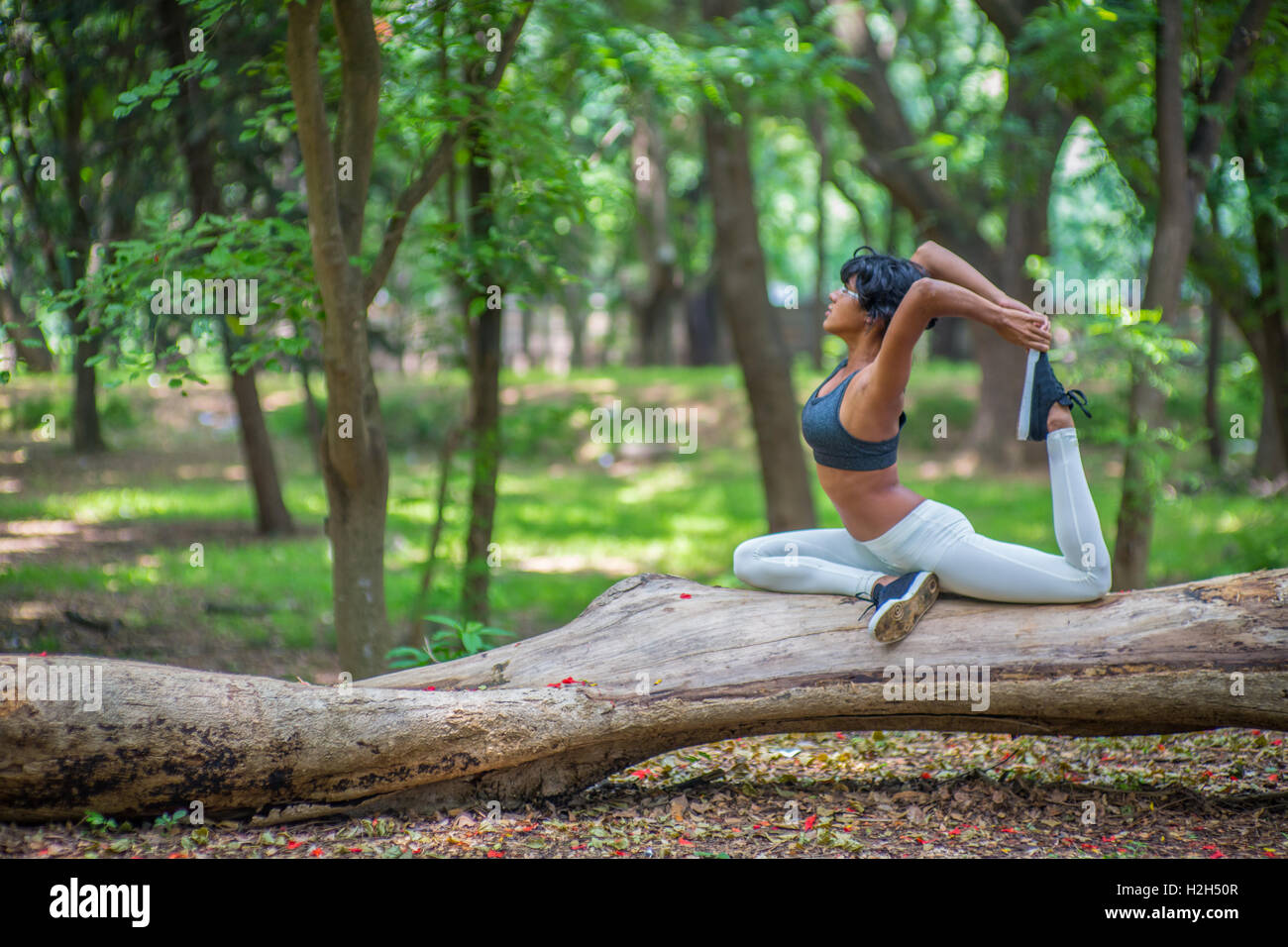 Young woman doing yoga poses on a tree trunk in a park in India Stock ...