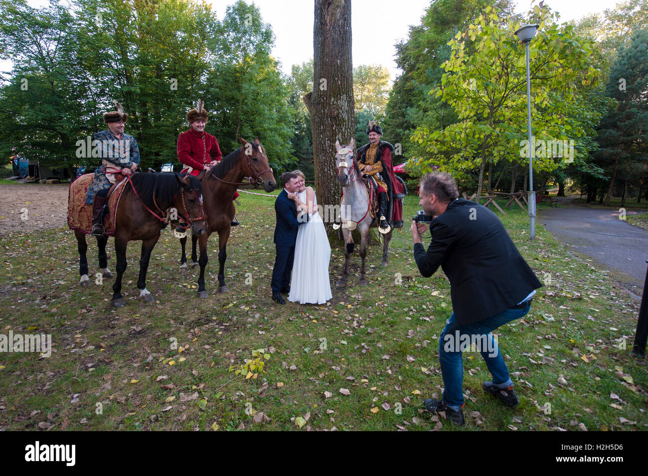 Horse riders in historical costumes during an open-air event in Pultusk ...