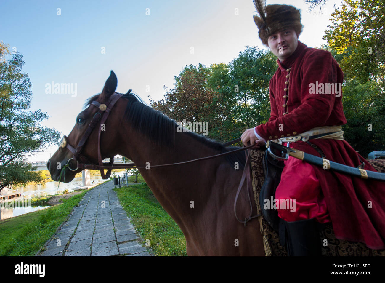 Horse riders in historical costumes during an open-air event in Pultusk ...