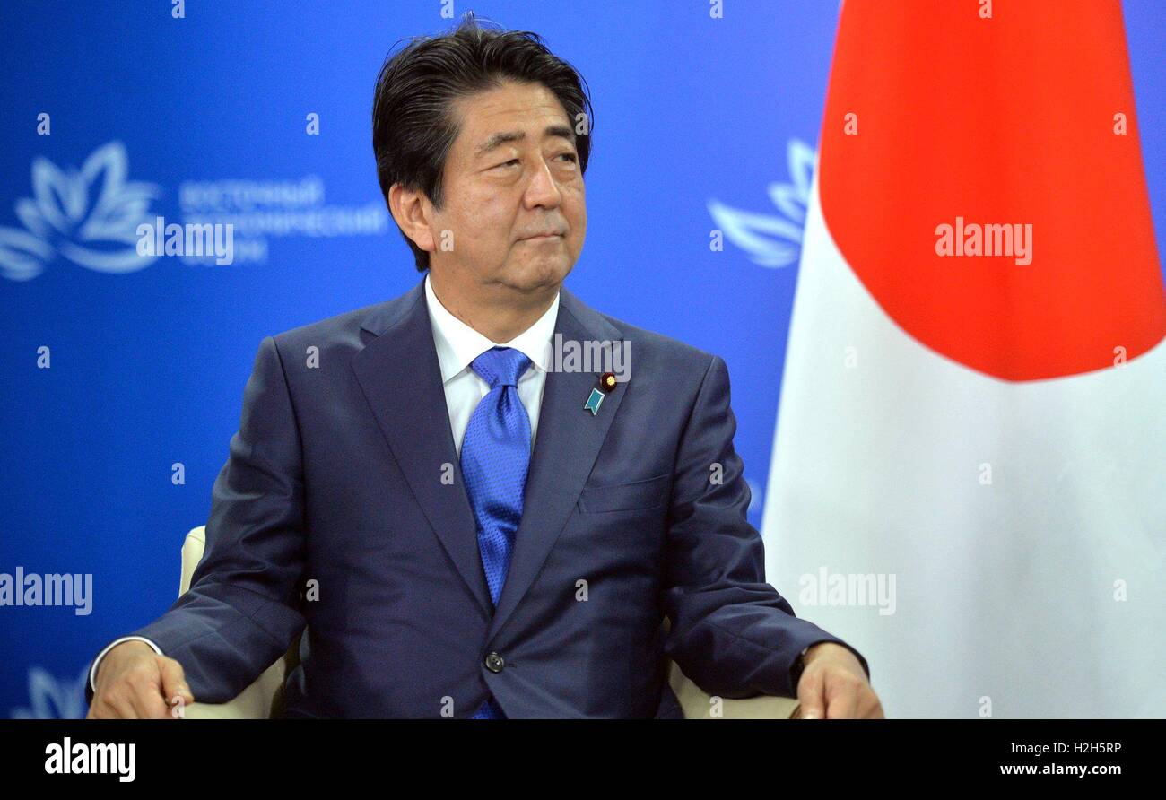 Japanese Prime Minister Shinzo Abe during an Eastern Economic Forum meeting at the Far Eastern Federal University campus September 2, 2016 in Russky Island, Vladivostok, Russia. Stock Photo