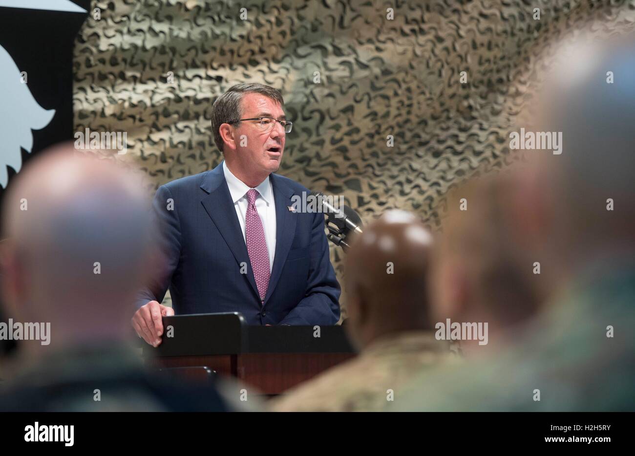 Secretary of Defense Ash Carter speaks to troops during a visit July 11 2016 in Baghdad, Iraq. Carter is in Baghdad to discuss Operation Inherent Resolve. Stock Photo