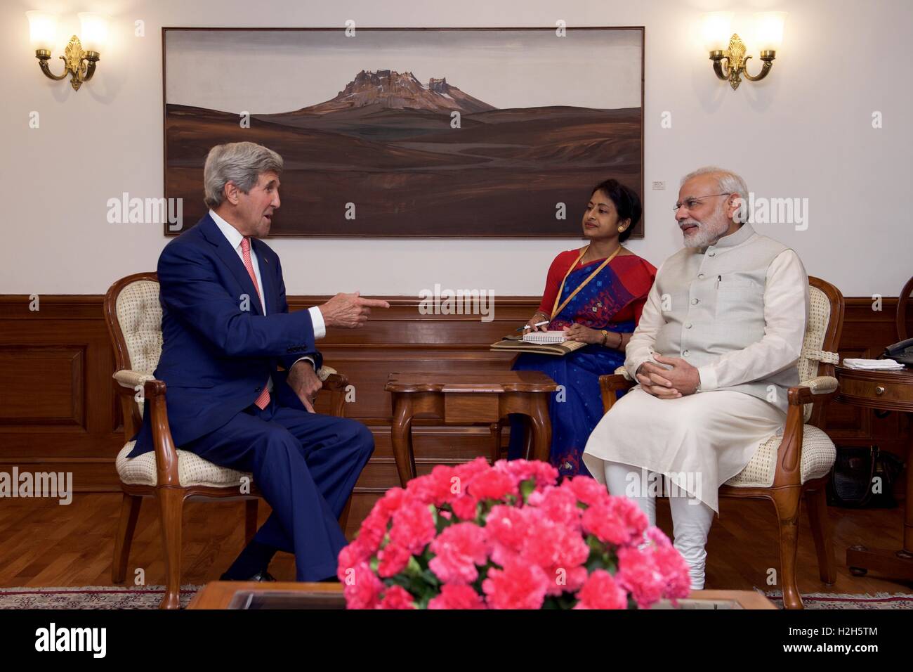 U.S. Secretary of State John Kerry meets with Indian Prime Minister Narendra Modi at the Prime Ministers Residence August 31, 2016 in New Delhi, India. Stock Photo