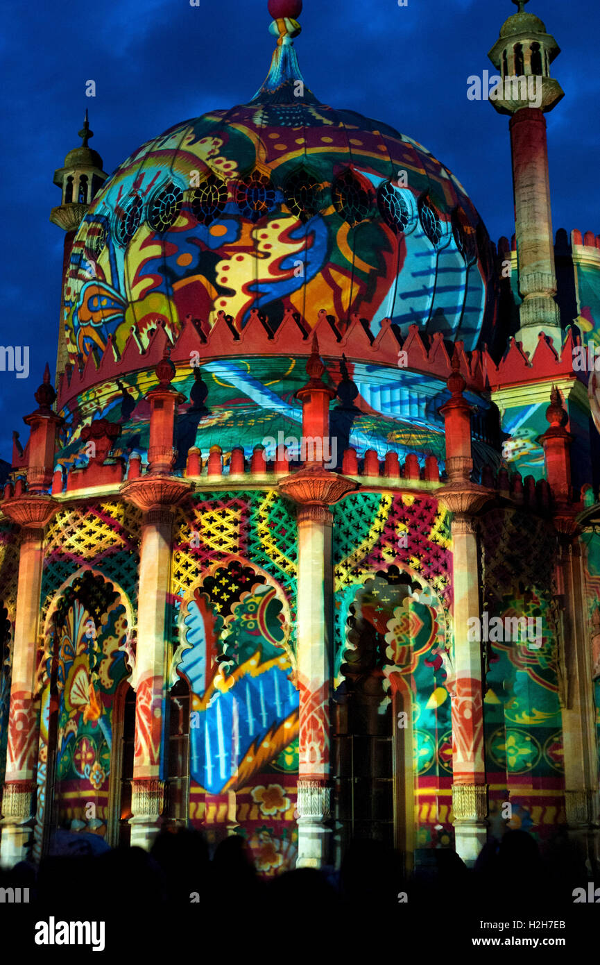 The dome of Brighton's Royal Pavilion is magically transformed with colorful projections during the Dr Blighty festival show. Stock Photo