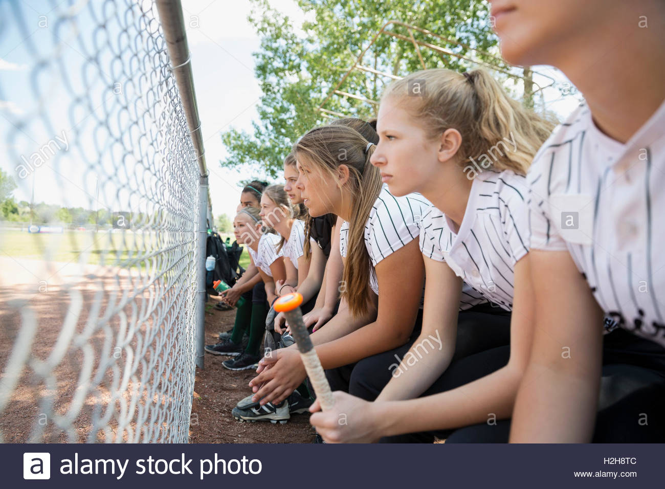 Focused middle school girl softball team watching game on bench Stock Photo Alamy