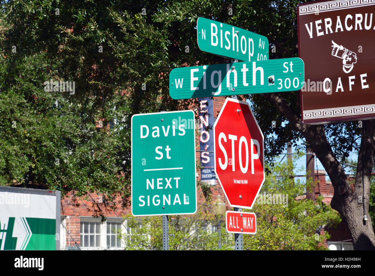 Street signs at Bishop and 8th, in the heart of the trendy Bishop Arts District in the Oak Cliff neighborhood of Dallas, Texas. Stock Photo