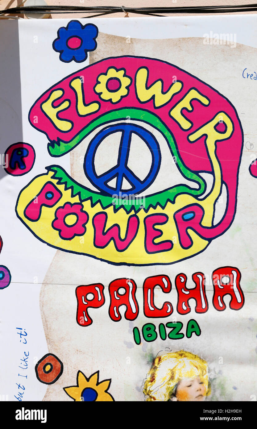 ein Werbeplakt fuer eine 'Flowerpower' Party im 'Pacha' Club, Ibiza, Spanien. Stock Photo