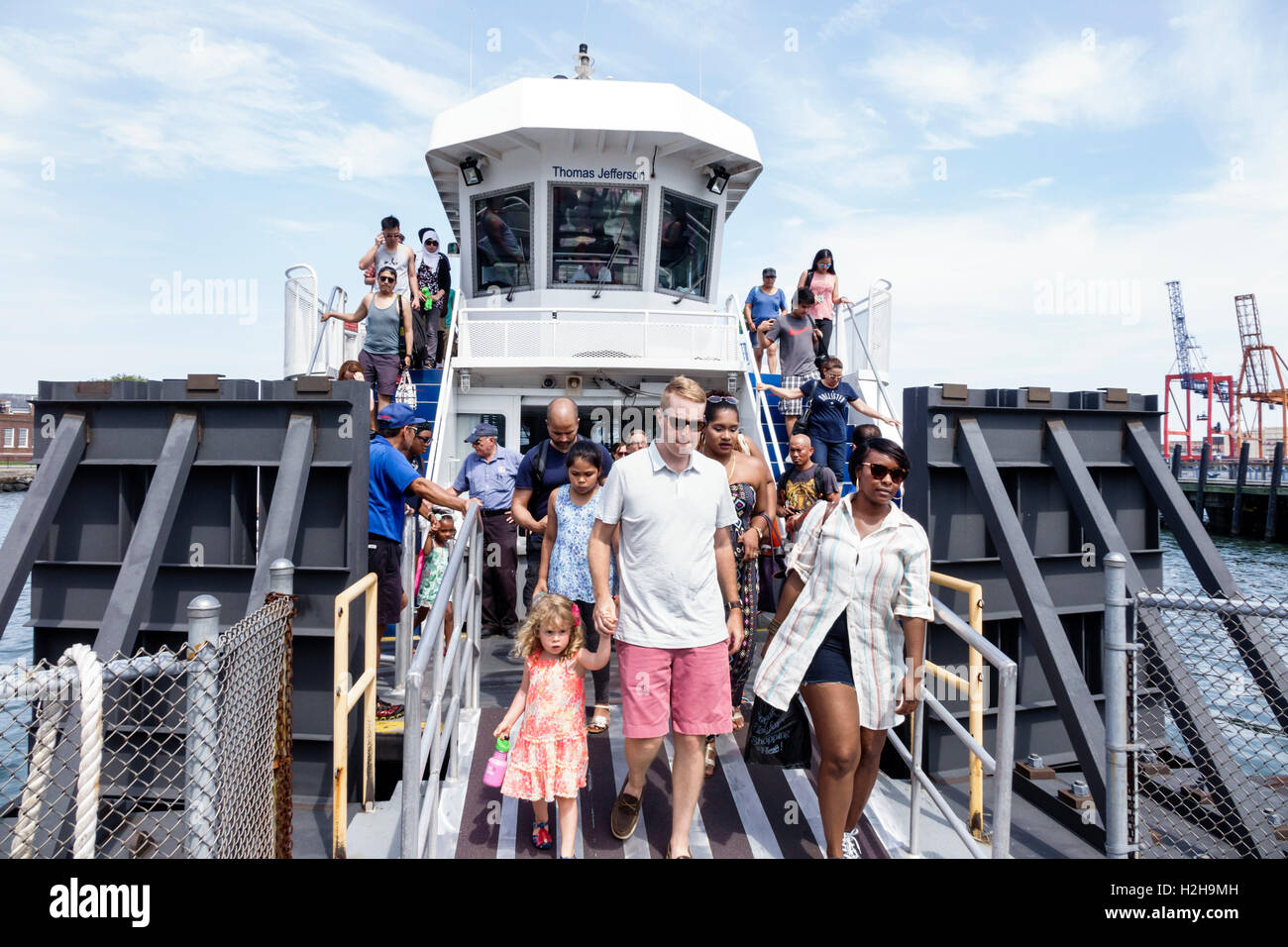 New York City,NY NYC Brooklyn,New York Harbor,Brooklyn Bridge Park Pier 6,Governors Island Ferry,boat,passenger passengers rider riders,Hispanic Black Stock Photo