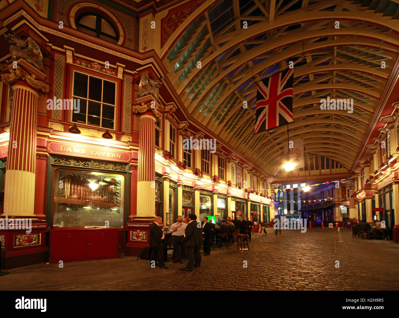 Leadenhall market at night,City Of London,England,UK - Panorama Stock Photo