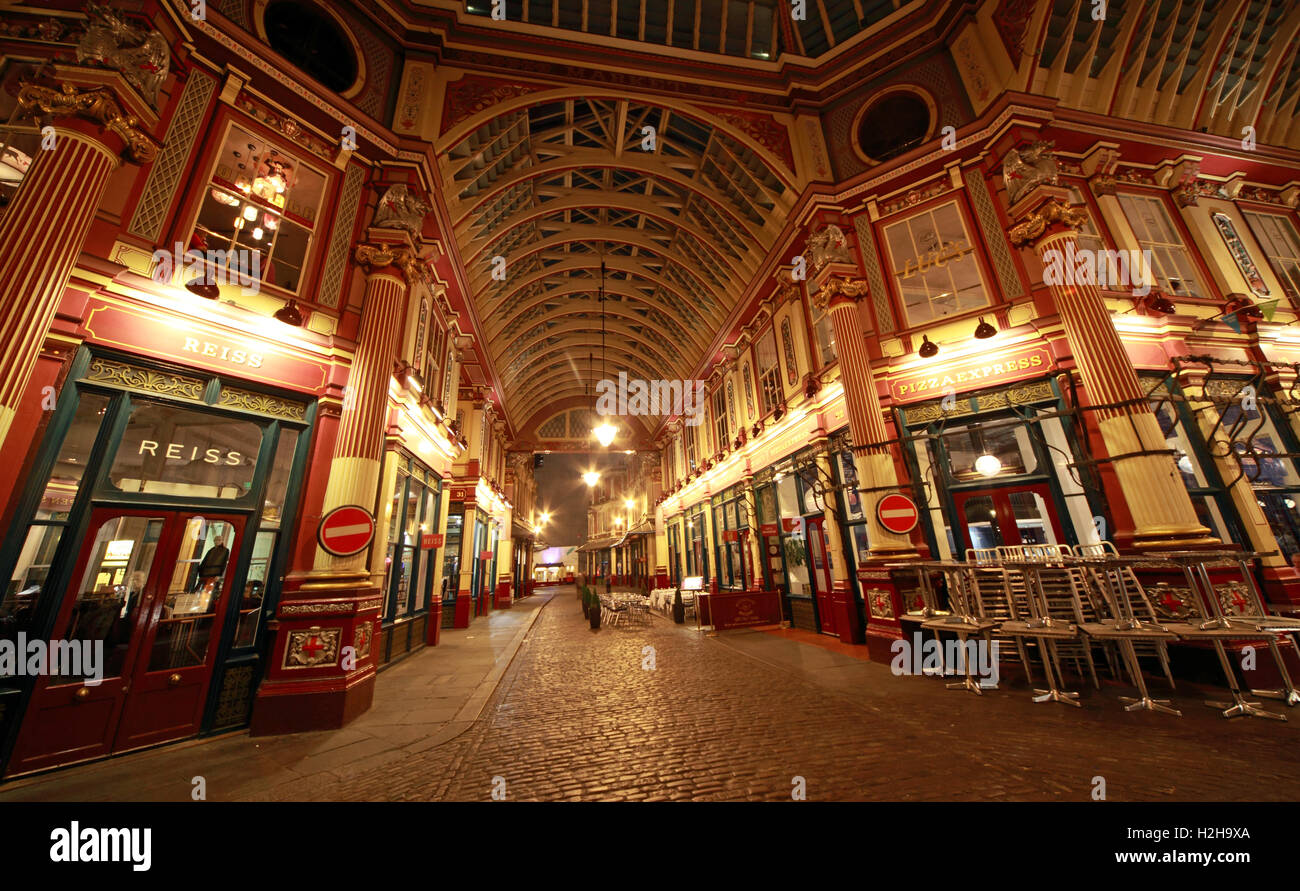 Leadenhall market at night,City Of London,England,UK - Panorama Stock Photo