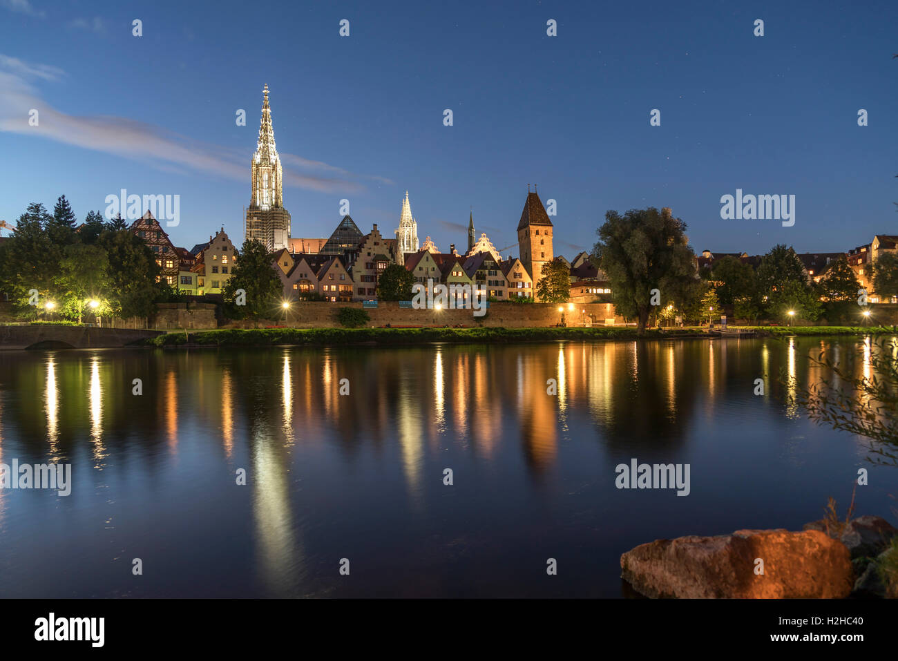 cityscape with danube river and the Ulm Minster at dusk, Ulm, Baden-Württemberg, Germany, Europe Stock Photo