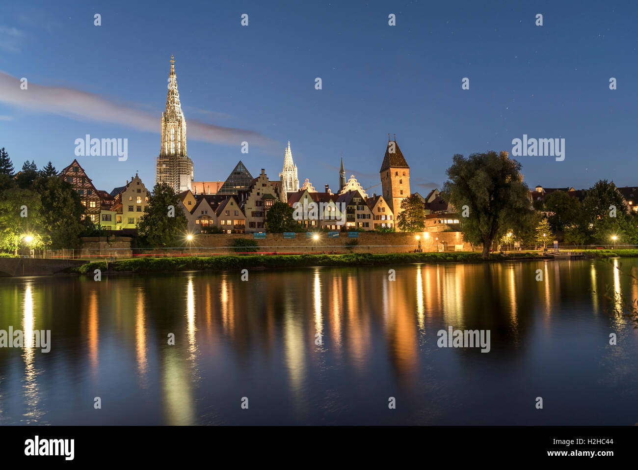 cityscape with danube river and the Ulm Minster at dusk, Ulm, Baden-Württemberg, Germany, Europe Stock Photo