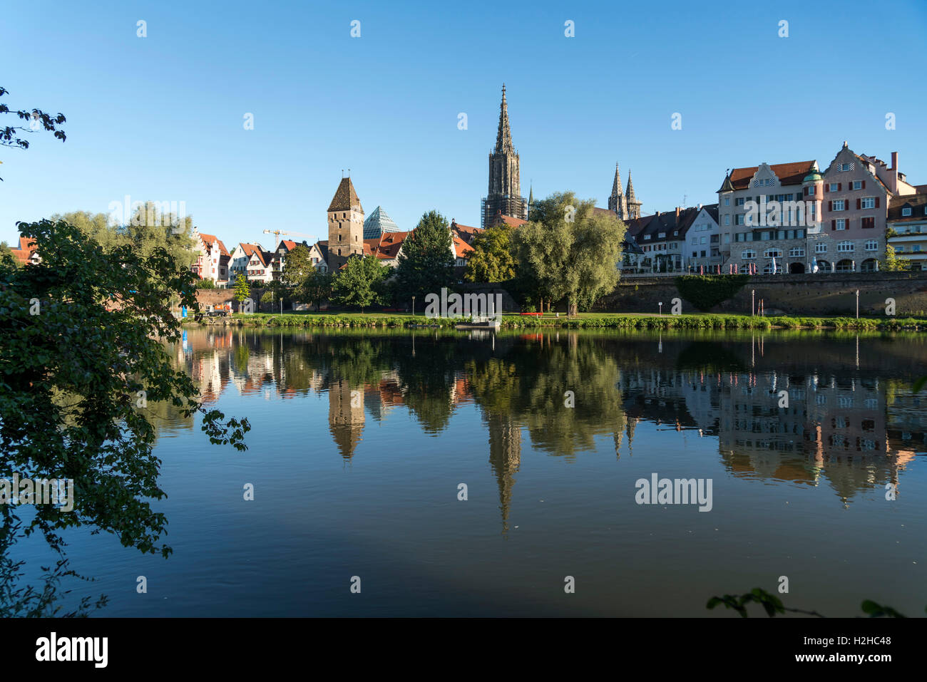 cityscape with danube river and the Ulm Minster, Ulm, Baden-Württemberg, Germany, Europe Stock Photo