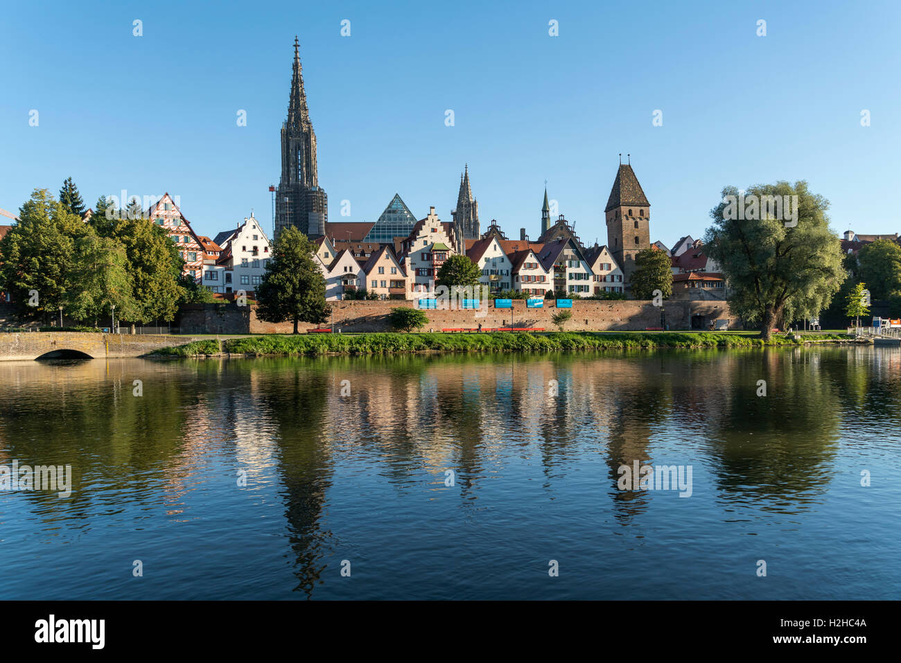 cityscape with danube river and the Ulm Minster, Ulm, Baden-Württemberg, Germany, Europe Stock Photo