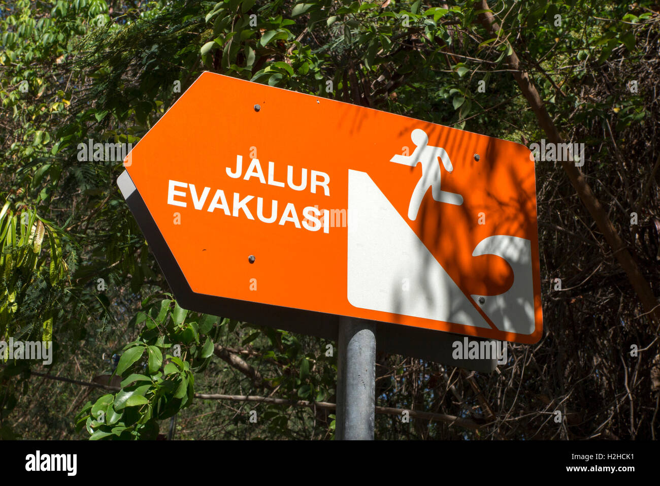 Indonesia, Bali, Padangbai, tsunami tidal wave evacuation direction sign, Jalur Evakuasi Stock Photo