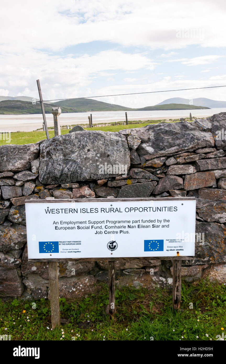 European flag logo or EU insignia on sign for partially EU funded Western Isles Rural Opportunities on Harris in the Outer Hebrides, Scotland. Stock Photo