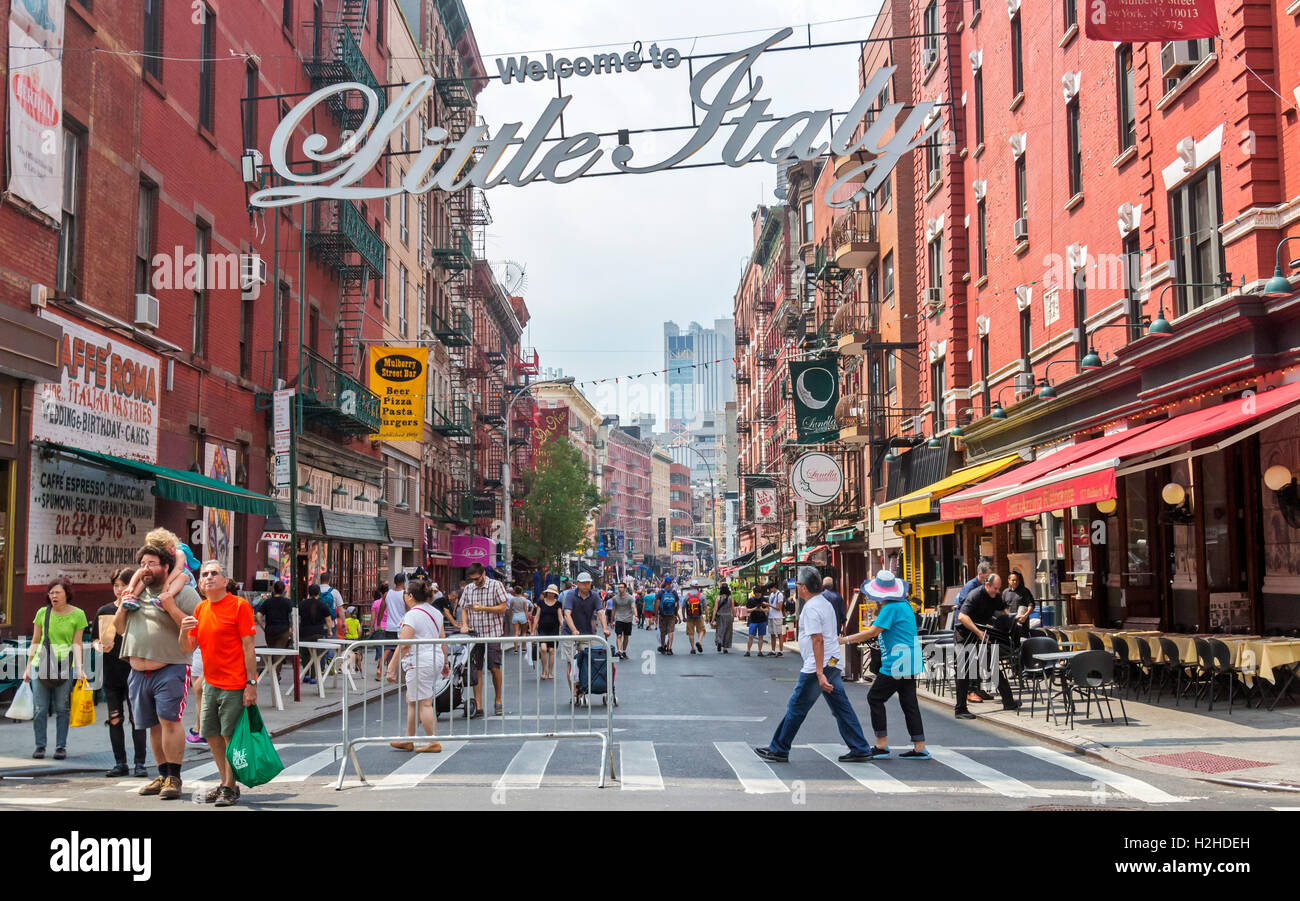 Visitors and tourists walking in Little Italy, New York City. Stock Photo