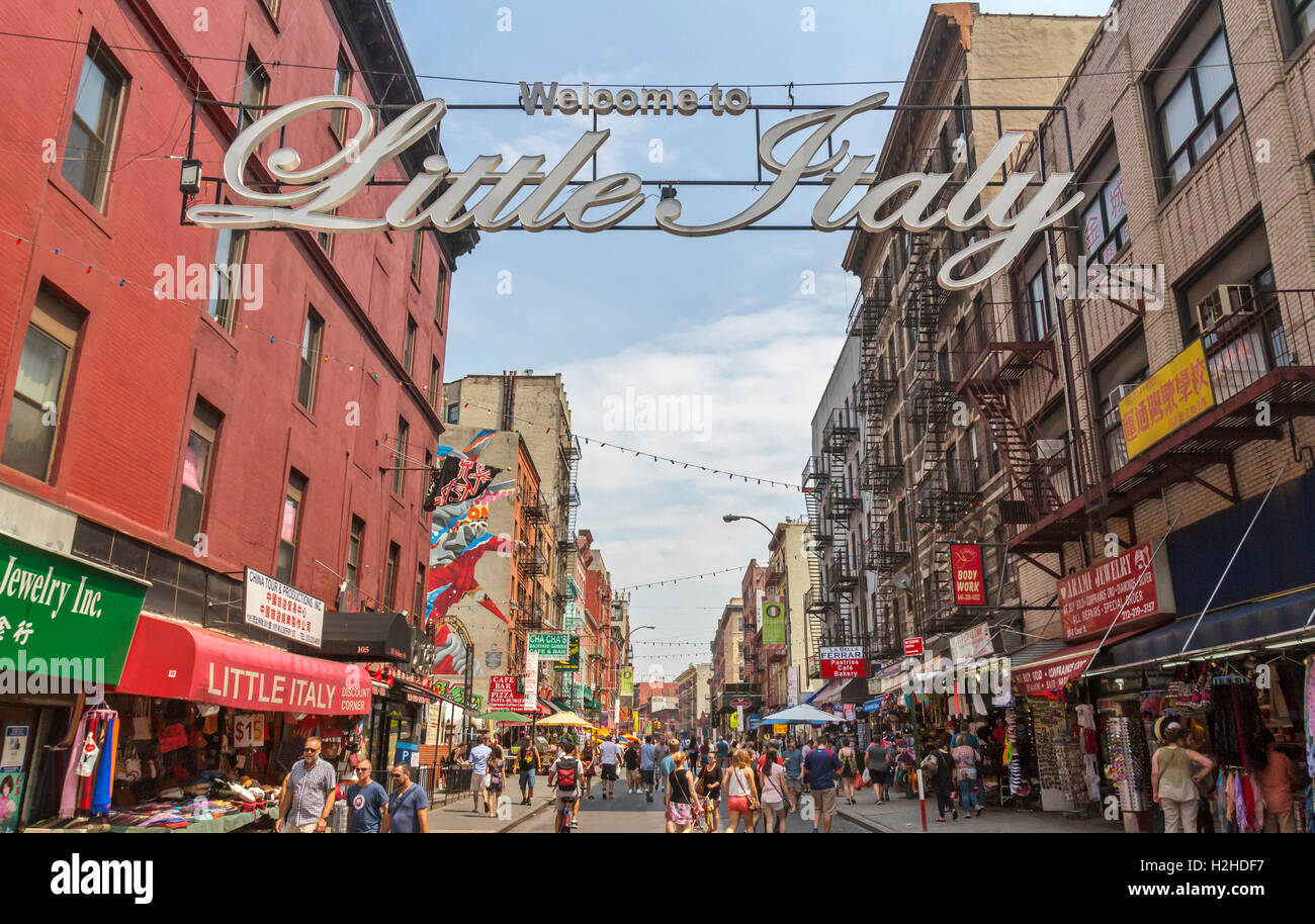 Visitors and tourists walking in Little Italy, New York City. Stock Photo