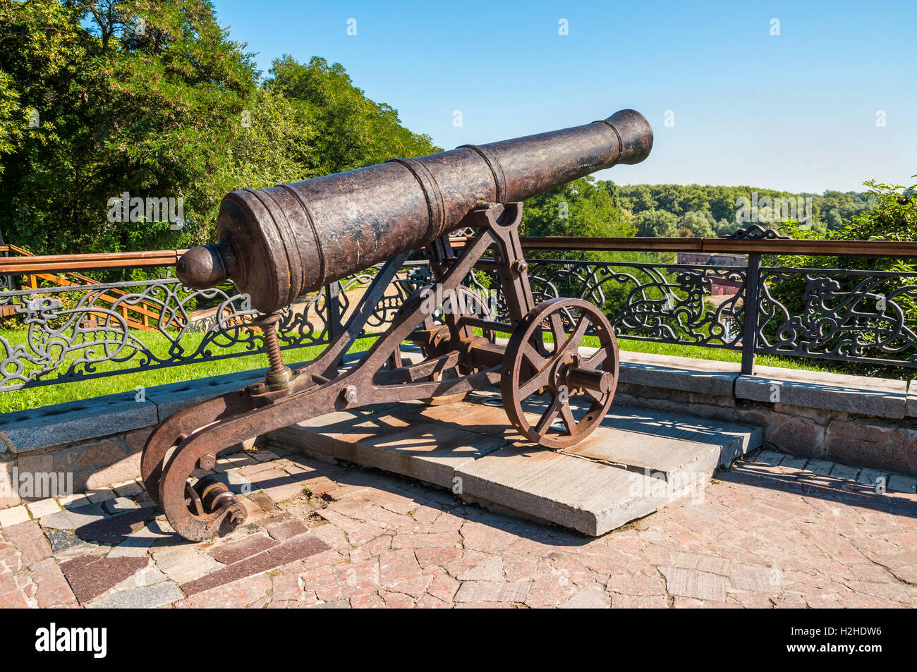 Old cast-iron cannon in Chernihiv, Ukraine Stock Photo