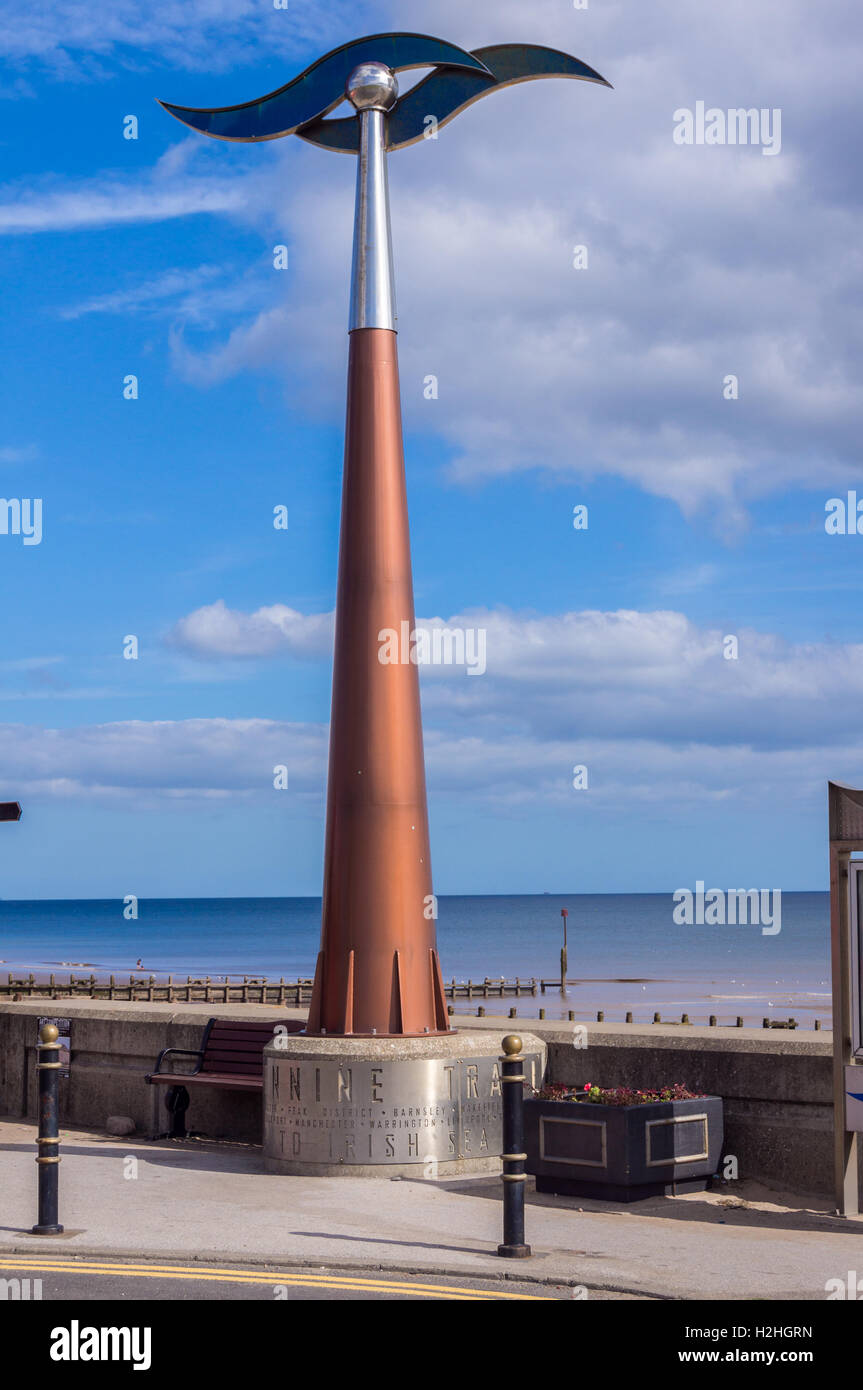 Sculpture marking start of the Trans-Pennine Trail on the seafront at Hornsea, East Riding, Yorkshire, England Stock Photo