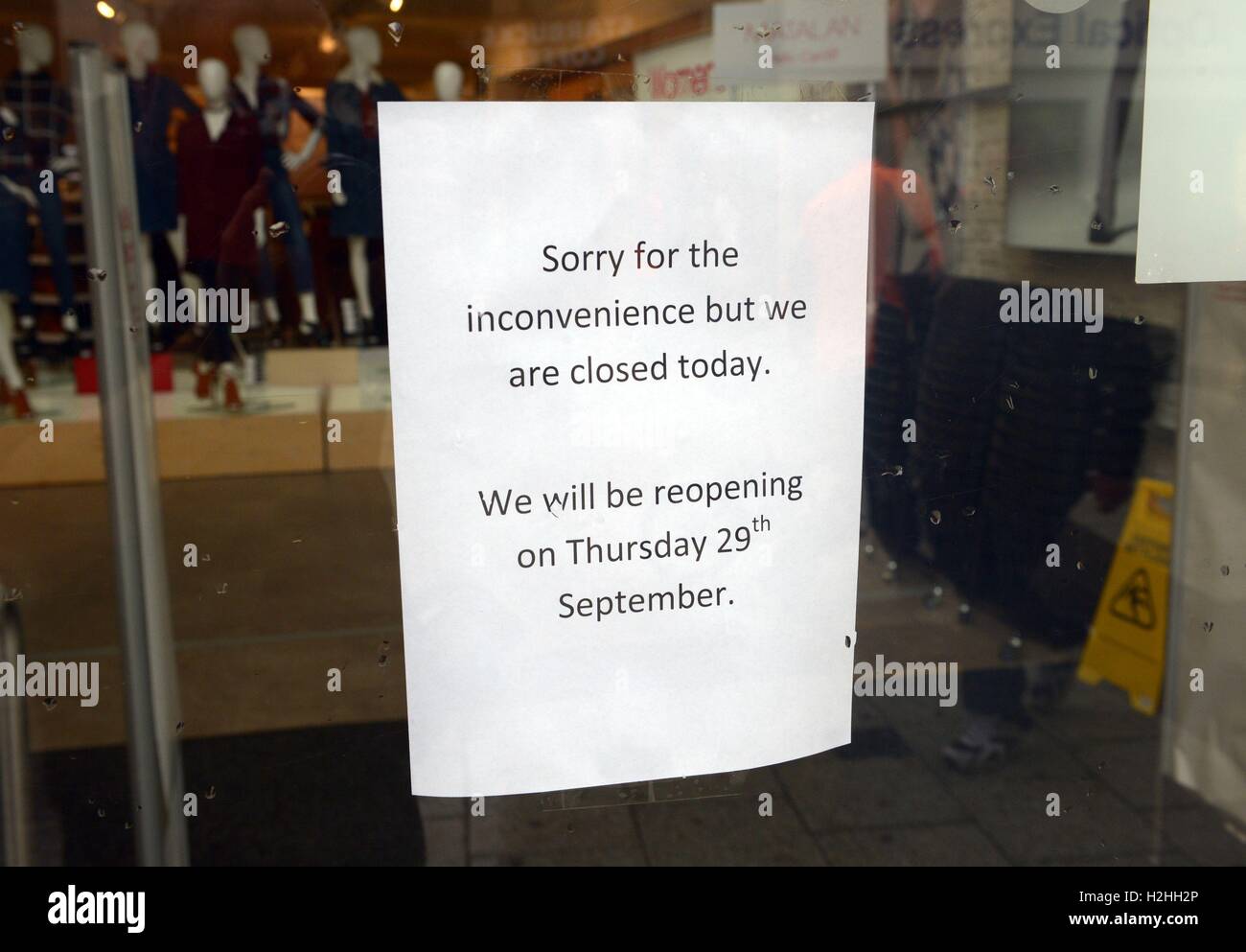 A sign in the window of the Matalan store in Queen Street, Cardiff, close to where the bodies of a man and a woman were found in the city centre. Stock Photo