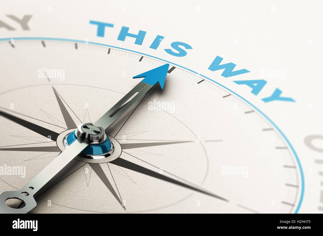 3D illustration of a compass with needle pointing the right way, good direction concept. Blue and brown tones Stock Photo