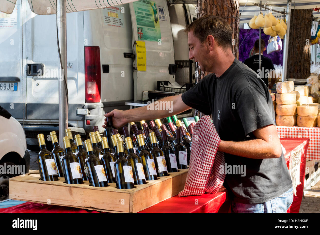 Local Traditional Sardinian Wine Displayed on a Weekly Market Stall