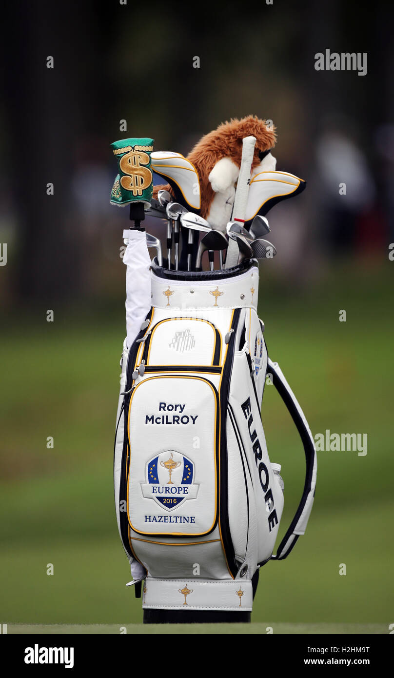 A general view of Europe's Rory McIlroy golf bag during a practice session  ahead of the 41st Ryder Cup at Hazeltine National Golf Club in Chaska,  Minnesota, USA. PRESS ASSOCIATION Photo. Picture