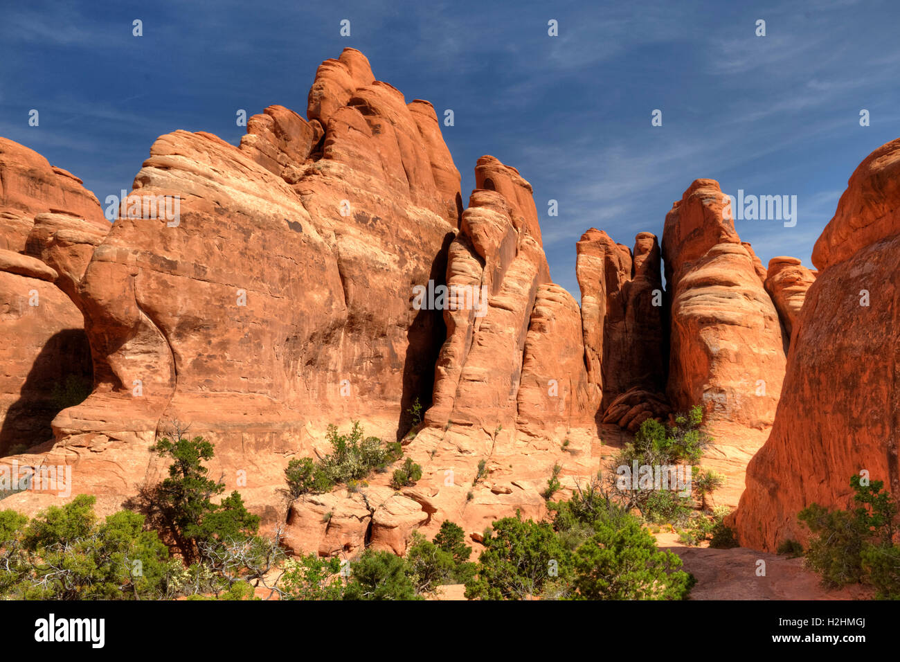 Fins of Entrada sandstone in the vicinity of Tower Arch in Arches National Park, Utah Stock Photo