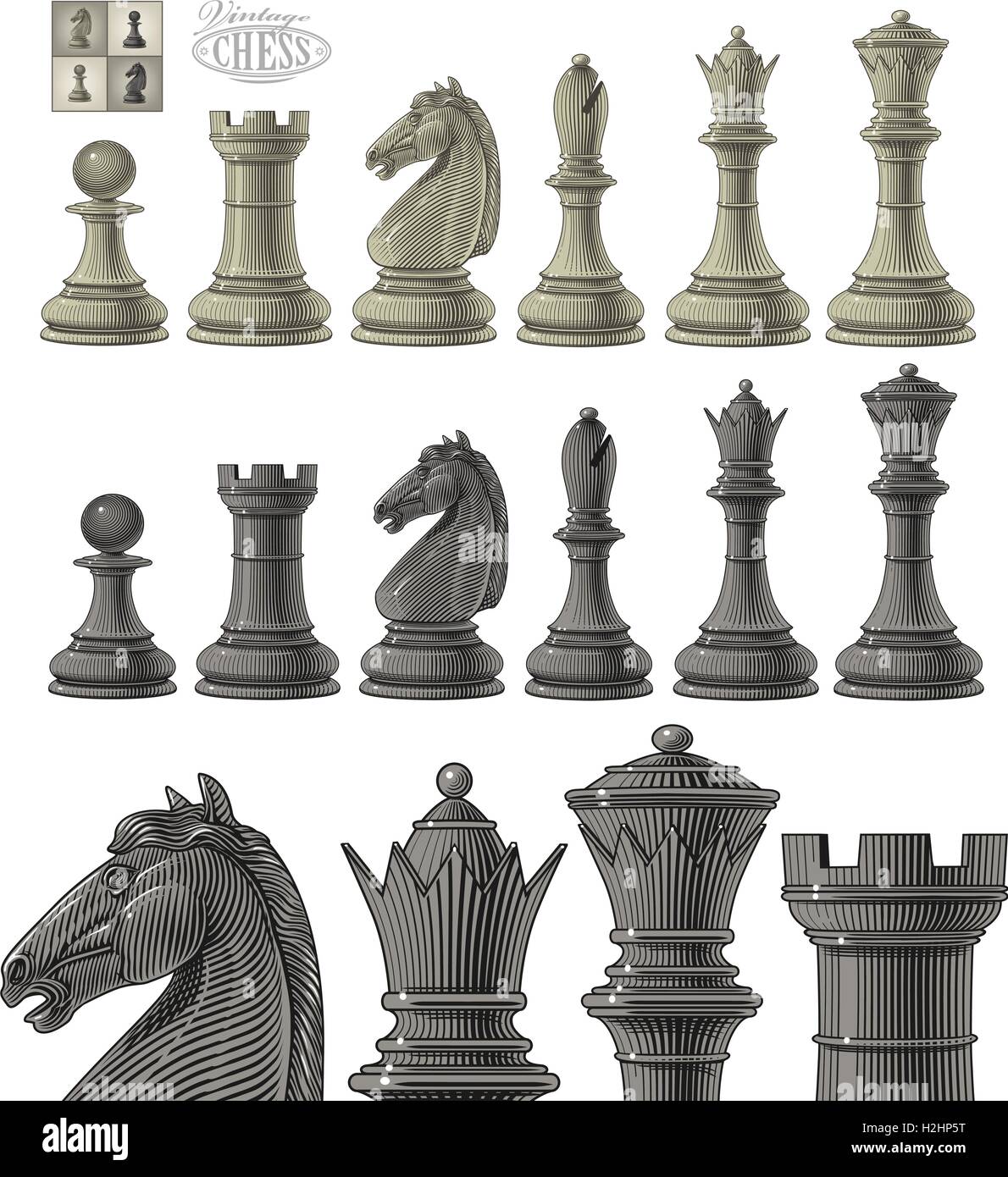 Vector illustration of chess piece set in vintage engraving style, isolated, grouped on transparent background Stock Vector