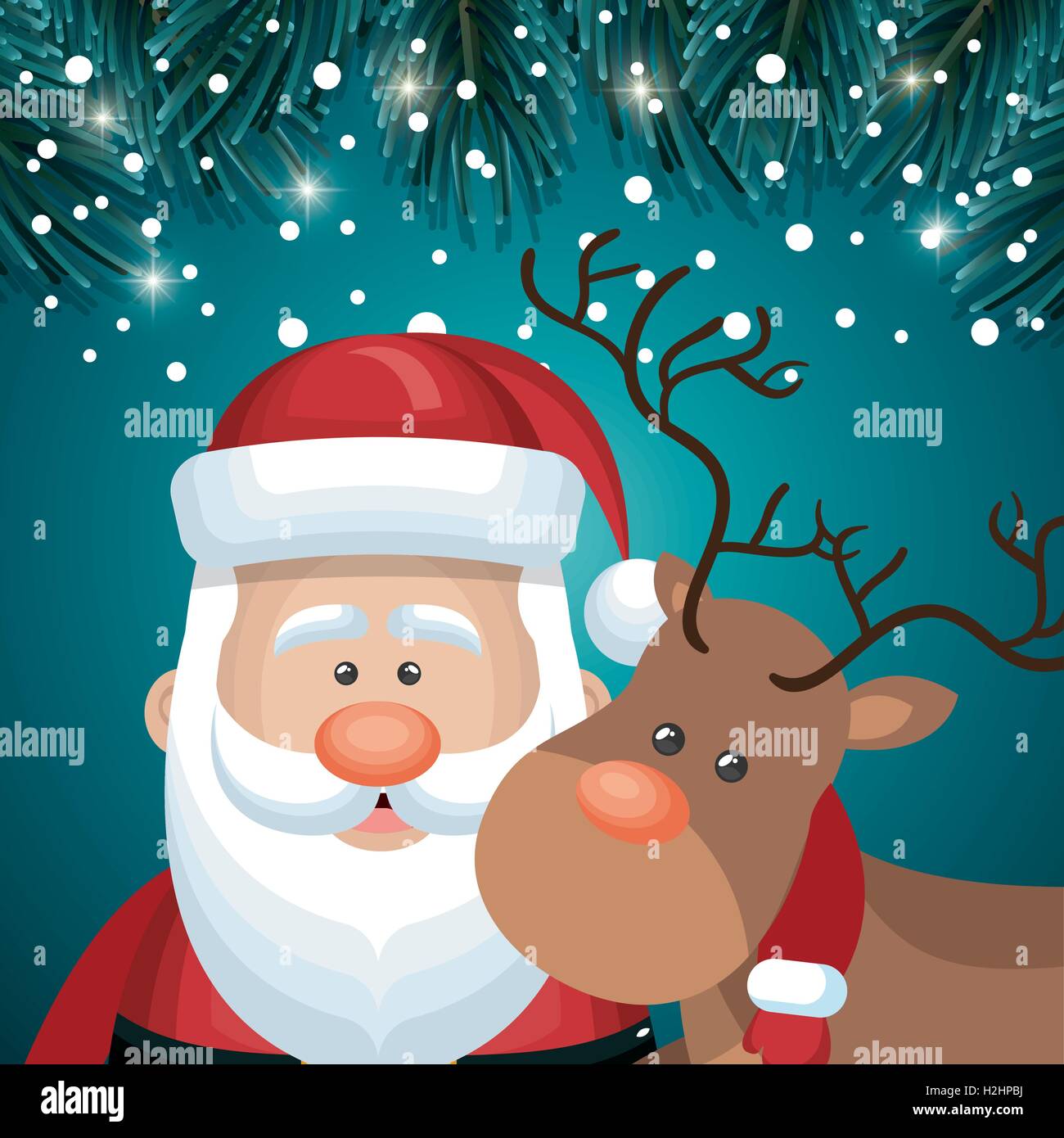 card santa and deer faces snowfall night design Stock Vector