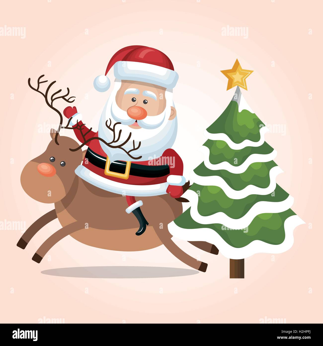 card santa claus riding reindeer and tree star snow design Stock Vector ...