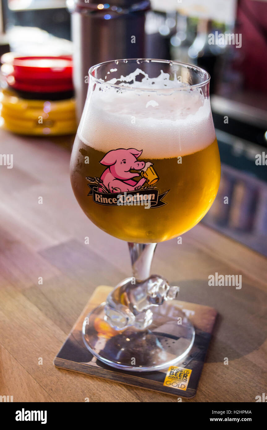 A printed glass of Rince Cochon beer, Couleur Café bar, Place des Héros, Arras, Pas-de-Calais, Hauts de France, France Stock Photo