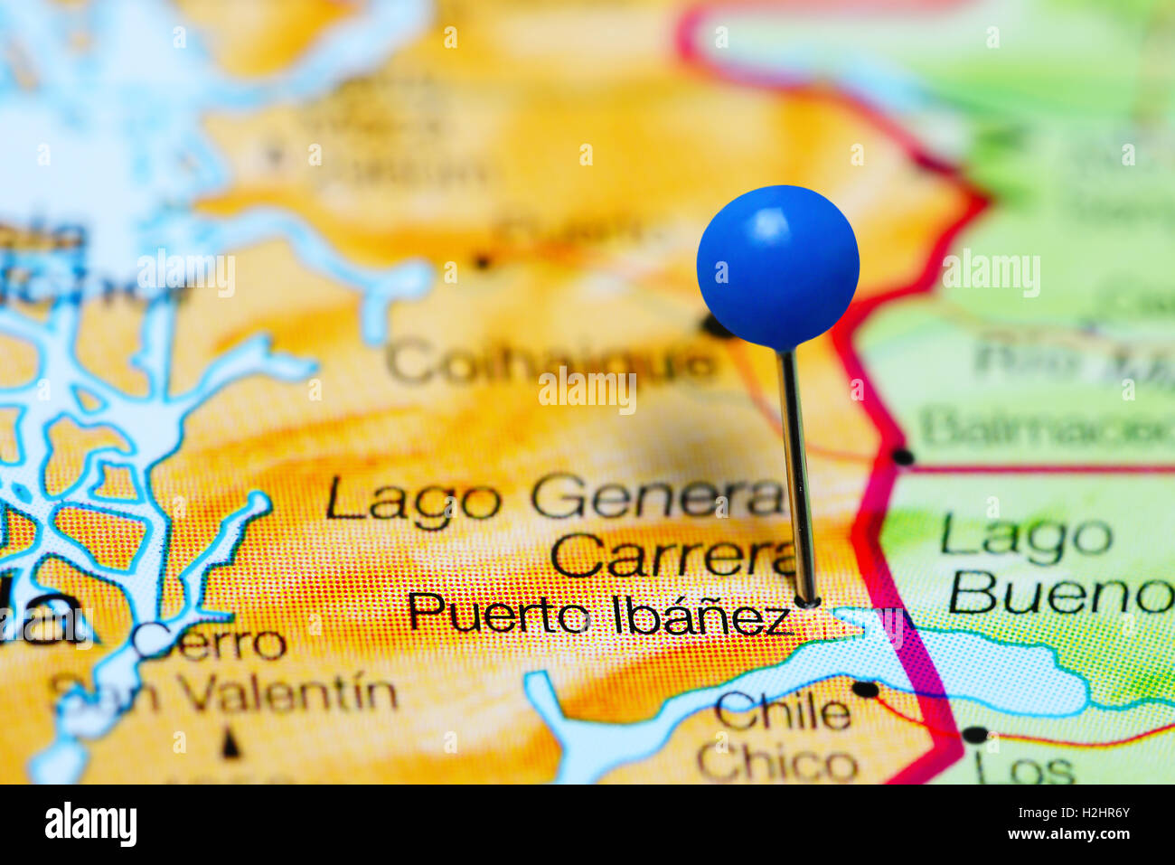Puerto Ibanez pinned on a map of Chile Stock Photo